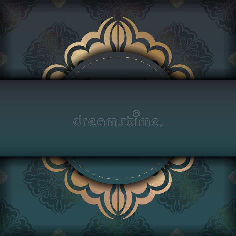 Gradient Green Postcard with Vintage Gold Pattern Printready. Stock