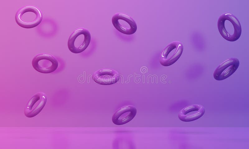 Gradient pink and lilac abstract background with flying rings. 3d rendering stock illustration