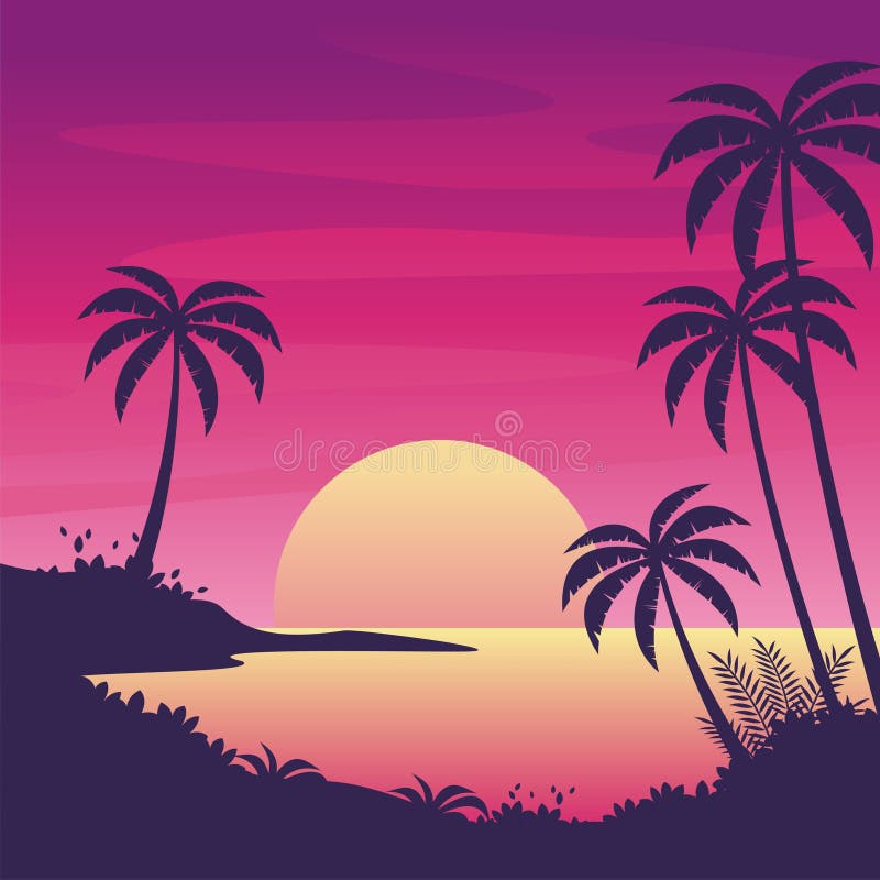 Gradient Sunset Beach with Silhouette of Palm Trees. Beautiful Summer ...