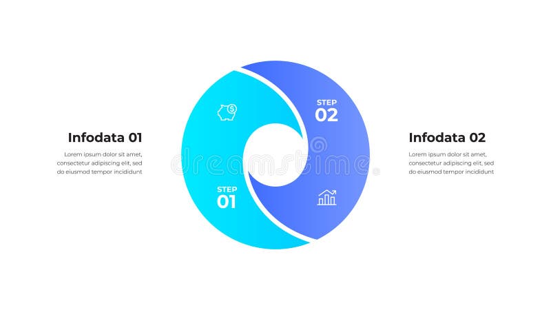 Gradient-themed infographic focuses on showcasing a two step business process with visually appealing circular design and stock illustration