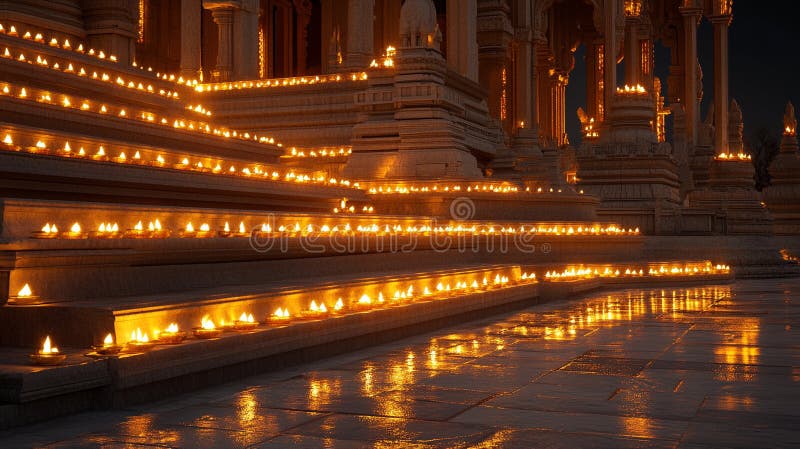 Gradini di candela : file di candele accese illuminano antichi passi in una scena d'oro mozzafiato illustrazione di stock