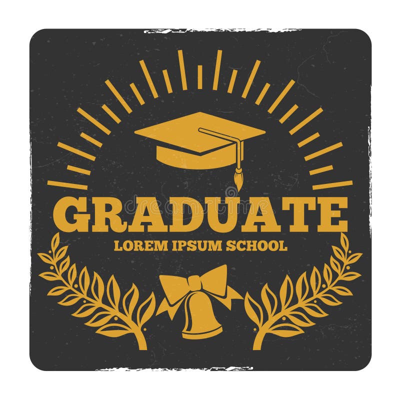 Graduación de la High School secundaria y de la universidad, apagado al logotipo del vector de la escuela Etiqueta del graduado d stock de ilustración Graduación de la High School secundaria y de la universidad, apagado al logotipo del vector de la escuela Etiqueta del graduado d stock de ilustración