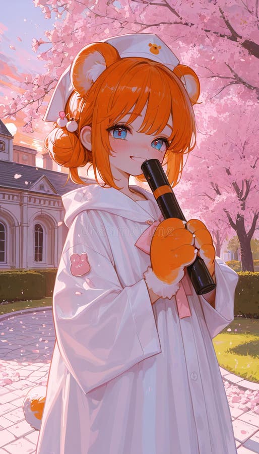 Graduada de anime con oso en parque Sakura stock de ilustración