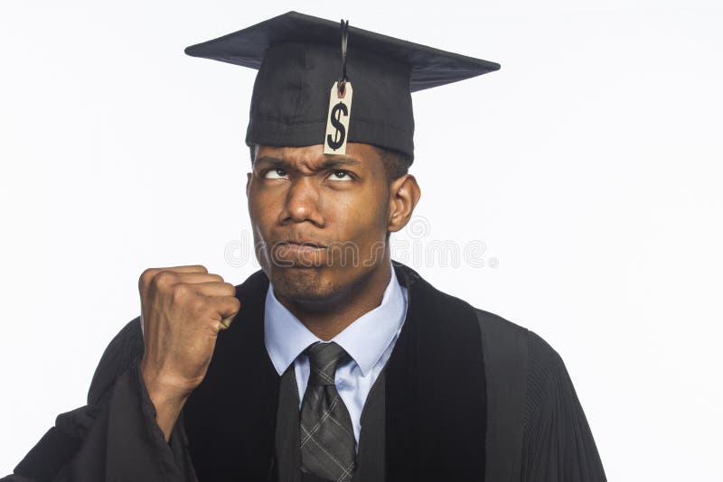 Young black man graduate with tuition price tag hanging off hat. Young black man graduate with tuition price tag hanging off hat