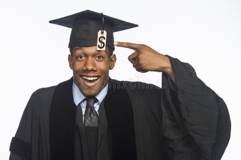 Young black man graduate with tuition price tag hanging off hat. Young black man graduate with tuition price tag hanging off hat