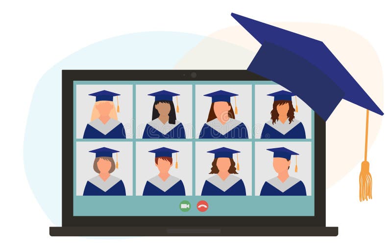 Graduate students in graduating clothing communicate via video call. Laptop screen. Communication of group of people. Vector vector illustration Graduate students in graduating clothing communicate via video call. Laptop screen. Communication of group of people. Vector vector illustration
