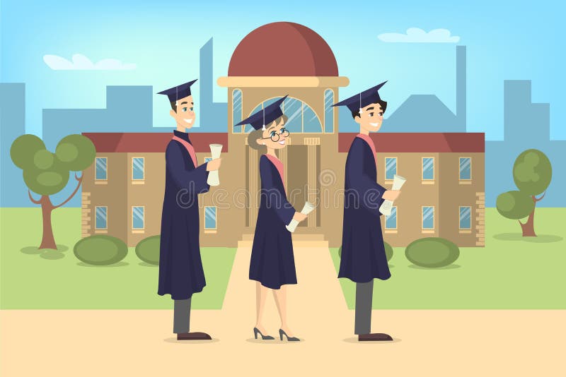 Graduating students standing at university in uniform with diploma. Graduating students standing at university in uniform with diploma.