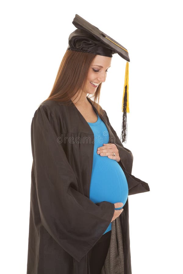 Graduation blue shirt pregnant hold belly