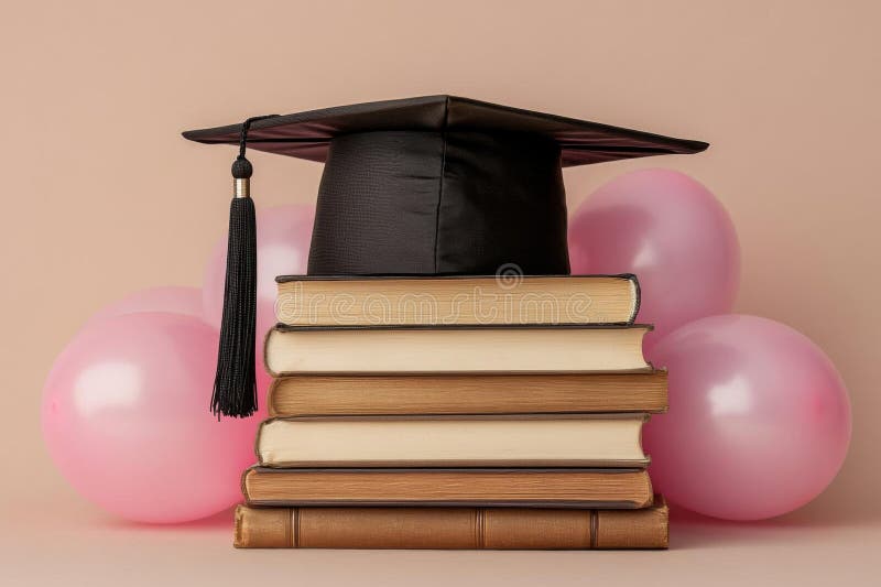 Graduation Books with Cap, and Balloons royalty free illustration