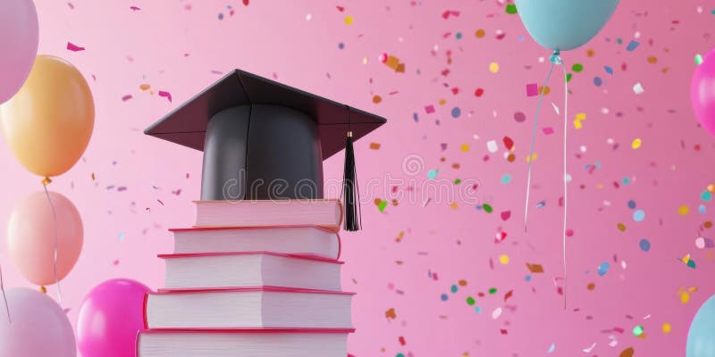 Graduation Books with Cap, and Balloons. (1 vector illustration