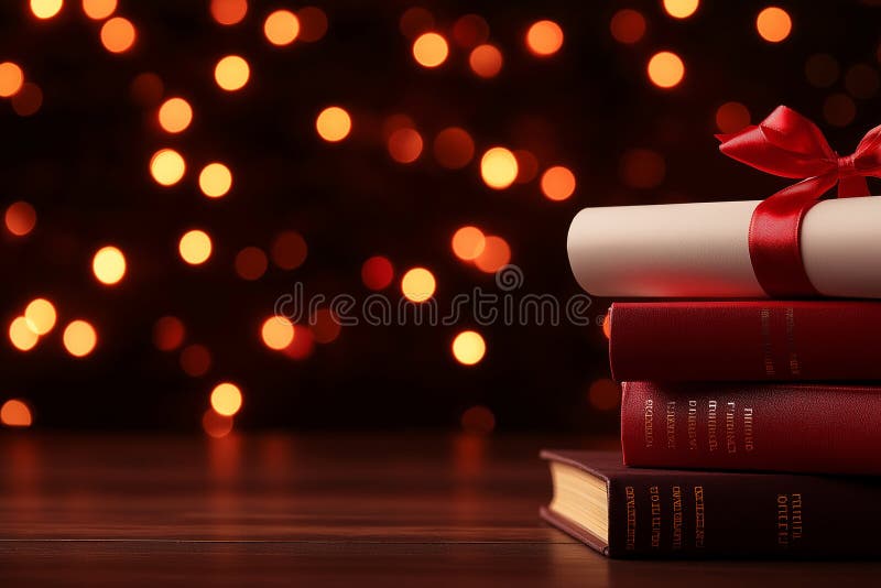 Graduation books with diploma tied with ribbon, glowing bokeh background creates celebratory atmosphere. Perfect for educational vector illustration