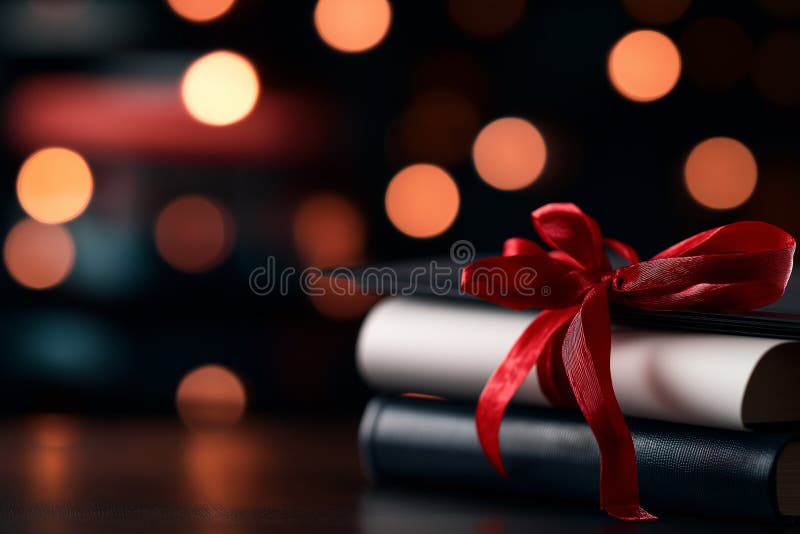 Graduation books with red ribbon, symbolizing achievement and celebration. blurred background creates festive atmosphere, perfect royalty free illustration