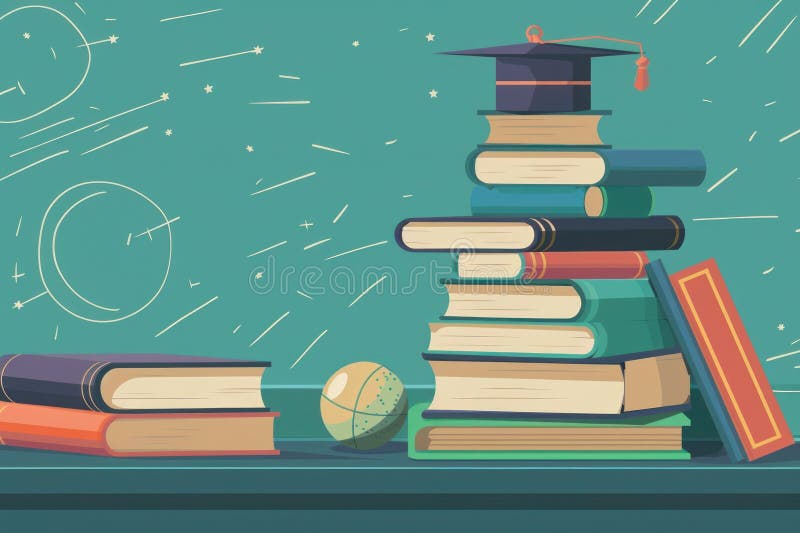 Graduation Books on a Shelf Against a Chalkboard with Stars vector illustration