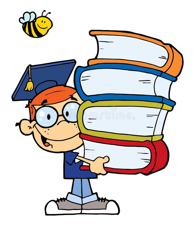 Včelí více než šťastný, red haired graduate school boy nošení stoh knih