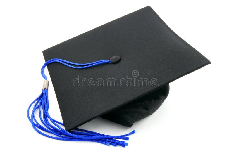 Tappo di laurea con un fiocco blu isolato su bianco.