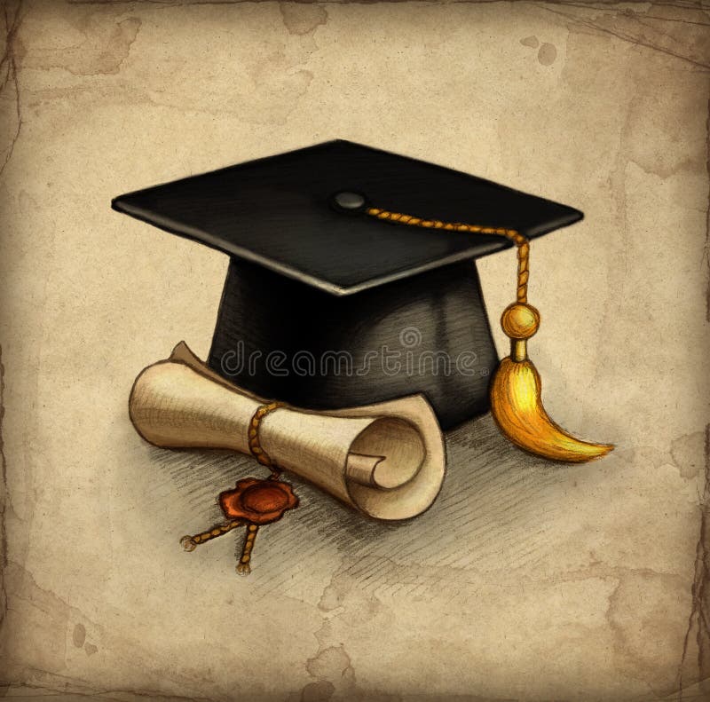 Old paper with drawing of graduation cap and diploma. Graduation hat sketch illustrations