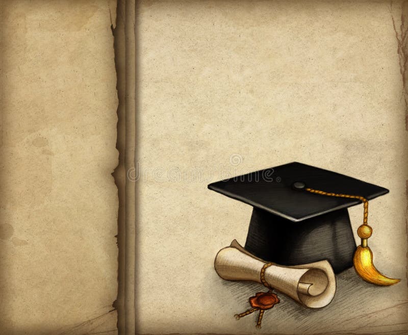 Background with drawing of graduation cap and diploma. Graduation hat sketch illustrations