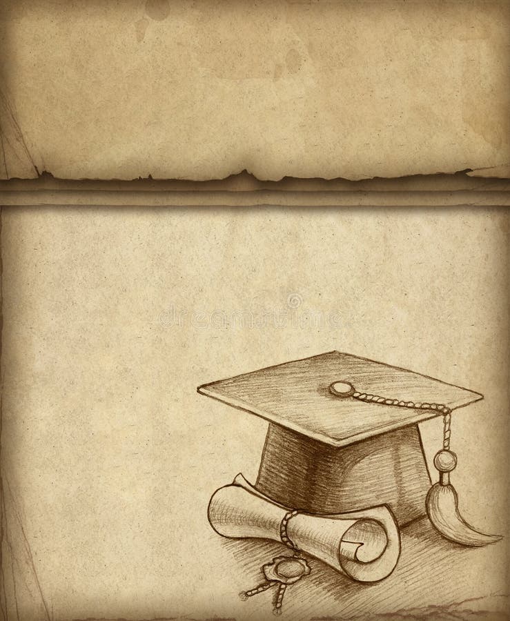 Background with drawing of graduation cap and diploma. Graduation hat sketch illustrations