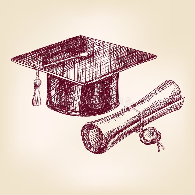 Graduation cap and diploma hand drawn vector illustration realistic sketch. Graduation hat sketch vectors