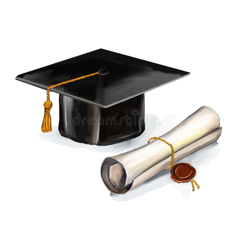 Graduation cap and diploma vector illustration hand drawn painted watercol. Graduation hat sketch vectors