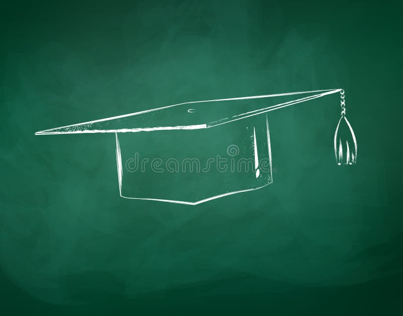 Graduation cap drawn on green chalkboard. Graduation hat sketch vectors