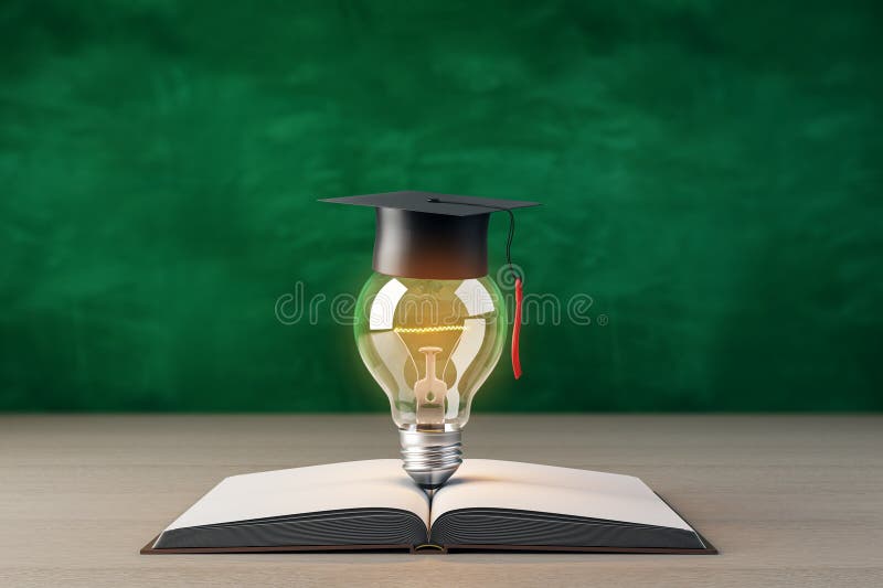 Graduation Cap on Lightbulb Over Open Book on Table, Green Chalkboard Background. 3D Rendering vector illustration