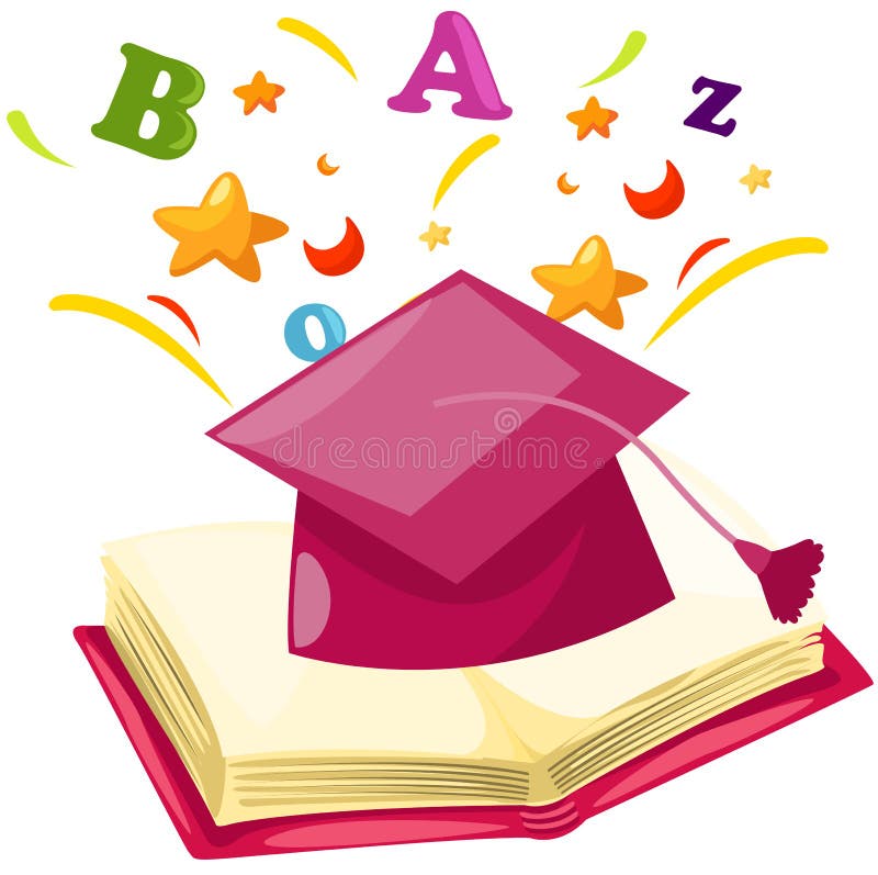 Illustration of isolated graduation cap with open book. Graduation hat sketch vectors