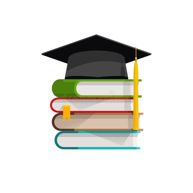 Graduation cap on pile of books stacked stock illustration