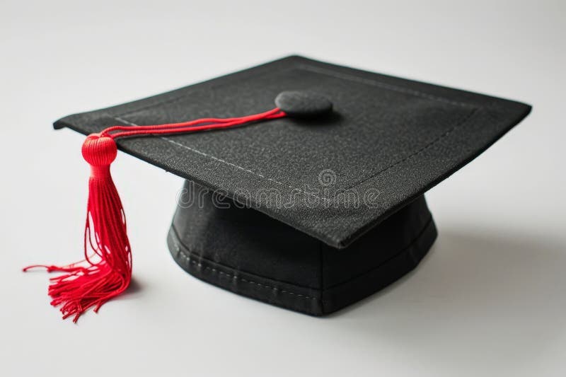 Graduation cap with red tassel on white background stock illustration