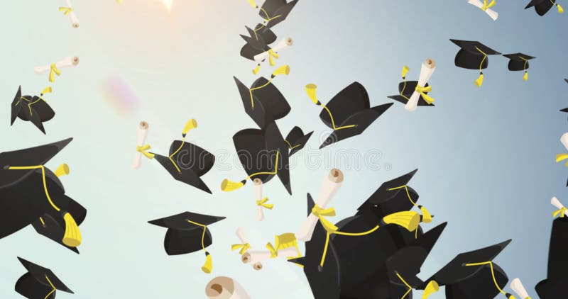 Graduation caps and diplomas image floating in air stock photos