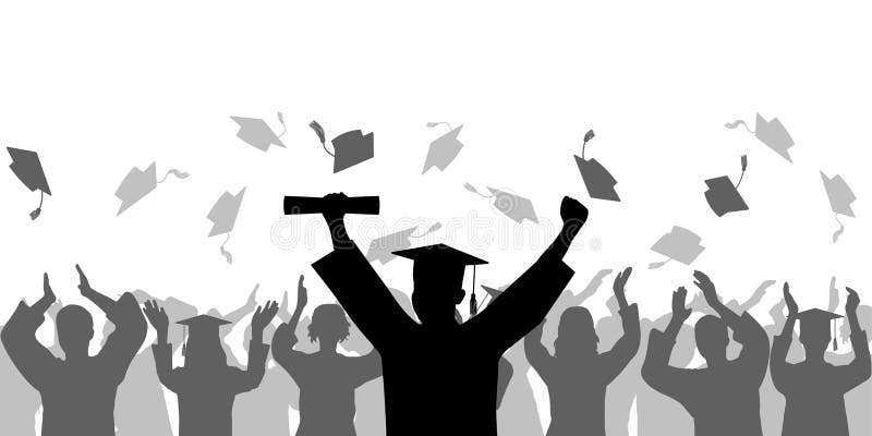 Graduation ceremony. Cheerful Graduate in mantle and mortarboard with diploma on background of crowd people throwing square