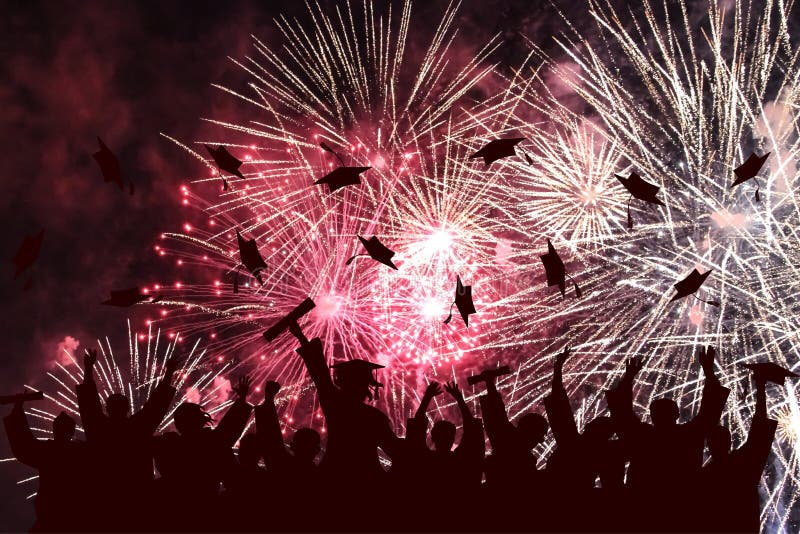 Graduation ceremony, fireworks in night sky. Silhouette of happy graduate students throwing academic square caps stock image Graduation ceremony, fireworks in night sky. Silhouette of happy graduate students throwing academic square caps stock image