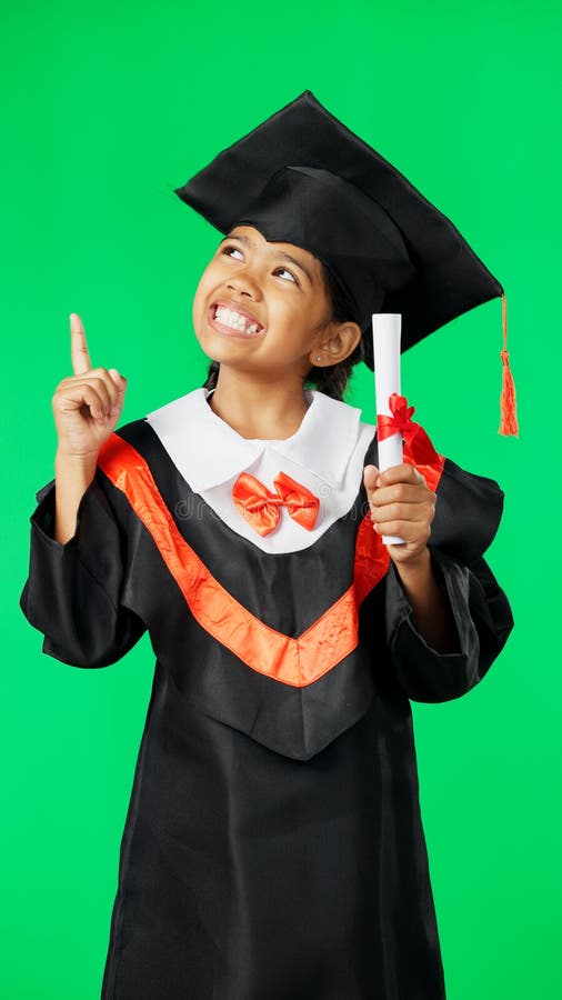 Graduation, Education and Child Point on Green Screen for Graduate ...
