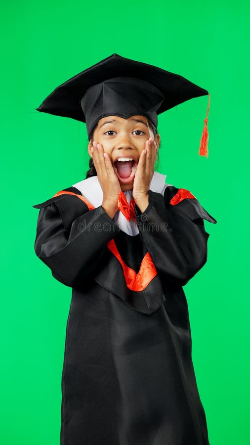 Graduation, Education and Child with Surprise on Green Screen for ...