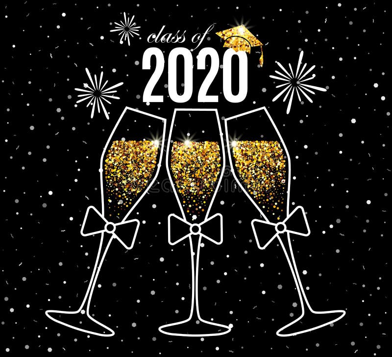 Graduation greeting card 2020 class of with three glasses of champagne, hat and fireworks for invitation, banner, poster, postcard