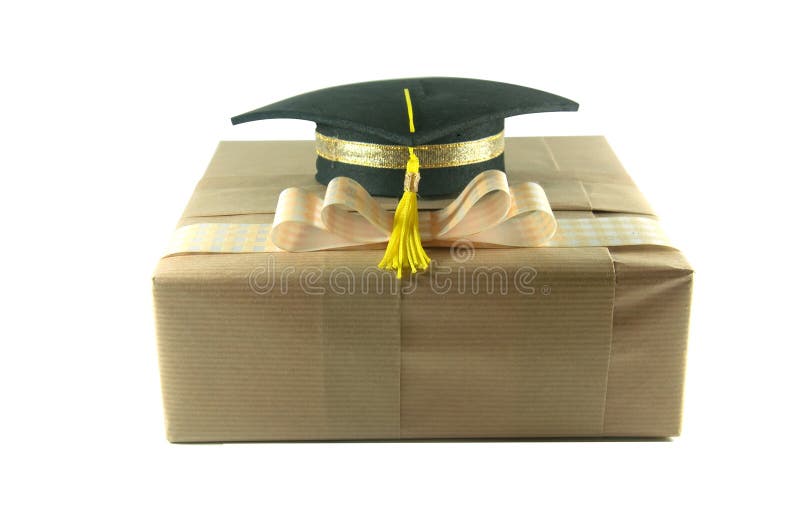 Graduation hat on gift box a white background. Bright red hat stock images, royalty-free photos and pictures