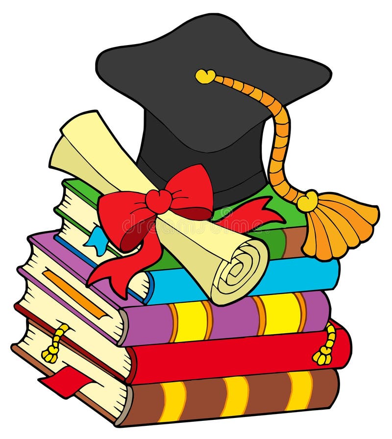 Graduation hat on pile of books stock illustration