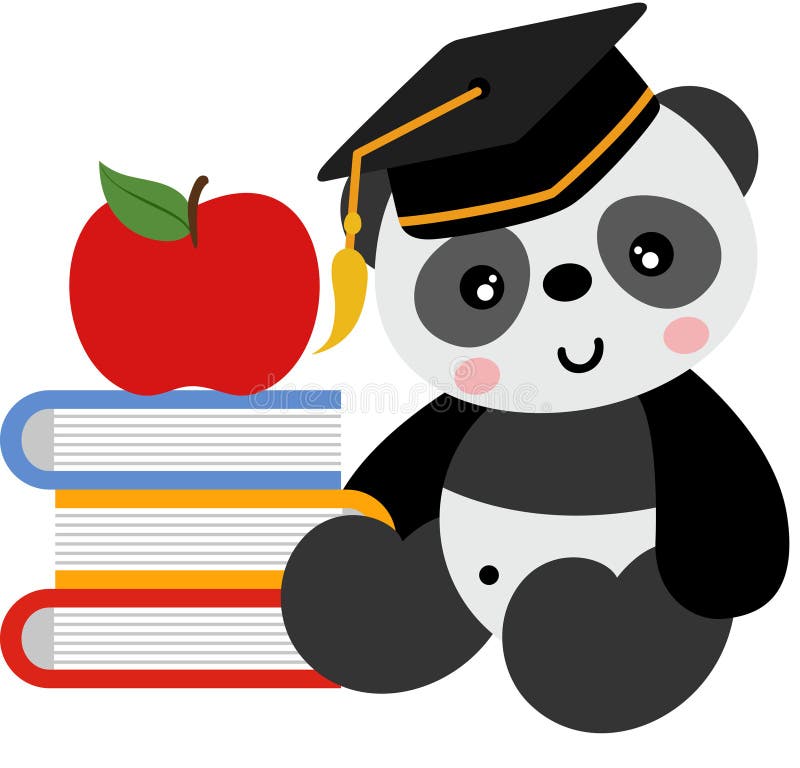 Graduation Panda with Books and Apple royalty free illustration