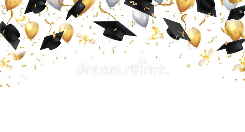 Graduation. Transparent background with realistic flying black degree caps confetti balloons and diplomas. Vector school
