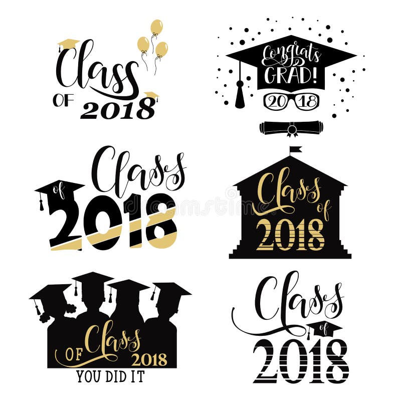 Graduation wishes overlays, lettering labels design set. Retro graduate class of 2018 badges. Finish education symbol stock illustration Graduation wishes overlays, lettering labels design set. Retro graduate class of 2018 badges. Finish education symbol stock illustration