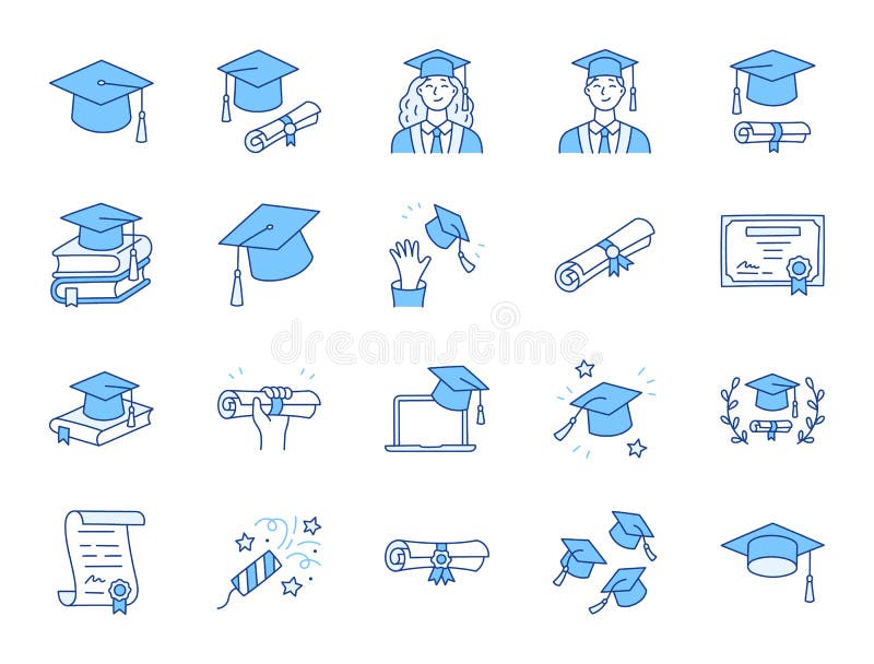 Graduierung doodle Illustration einschließlich Icons Student in Cap Diploma Scroll Universitätsabschluss. dünn vektor abbildung