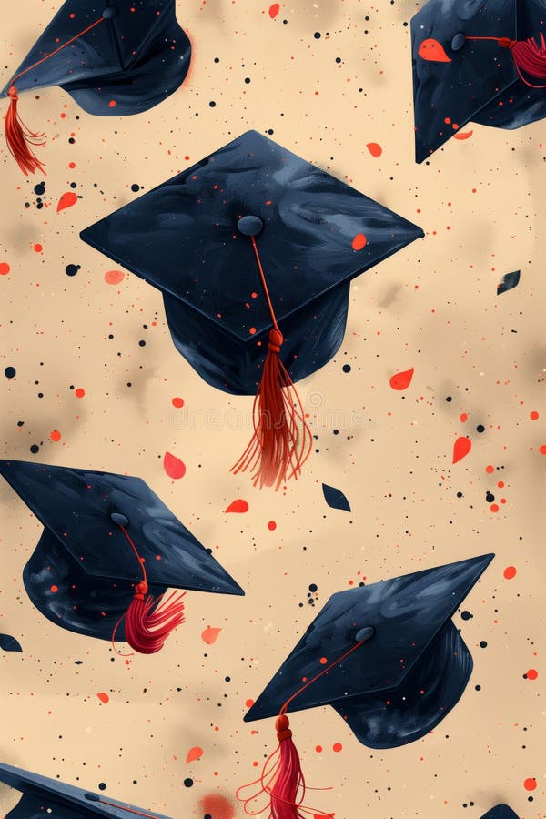 Flying graduation caps and confetti, graduation vertical banner, illustration. Generated by AI. Flying graduation caps and confetti, graduation vertical banner, illustration. Generated by AI.
