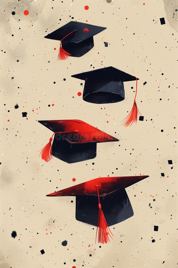 Flying graduation caps and confetti, graduation vertical banner, illustration. Generated by AI. Flying graduation caps and confetti, graduation vertical banner, illustration. Generated by AI.