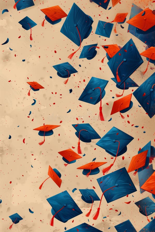 Flying graduation caps and confetti, graduation vertical banner, illustration. Generated by AI. Flying graduation caps and confetti, graduation vertical banner, illustration. Generated by AI.