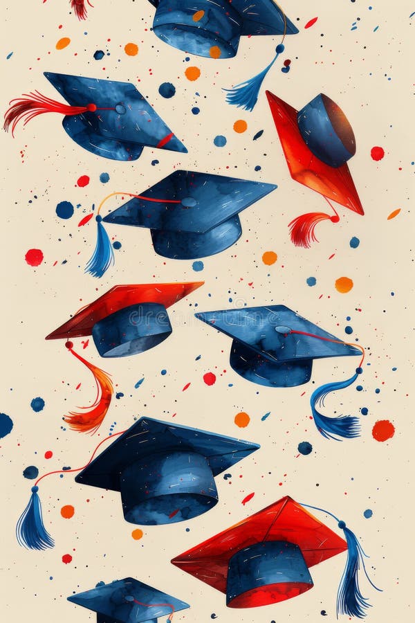 Flying graduation caps and confetti, graduation vertical banner, illustration. Generated by AI. Flying graduation caps and confetti, graduation vertical banner, illustration. Generated by AI.