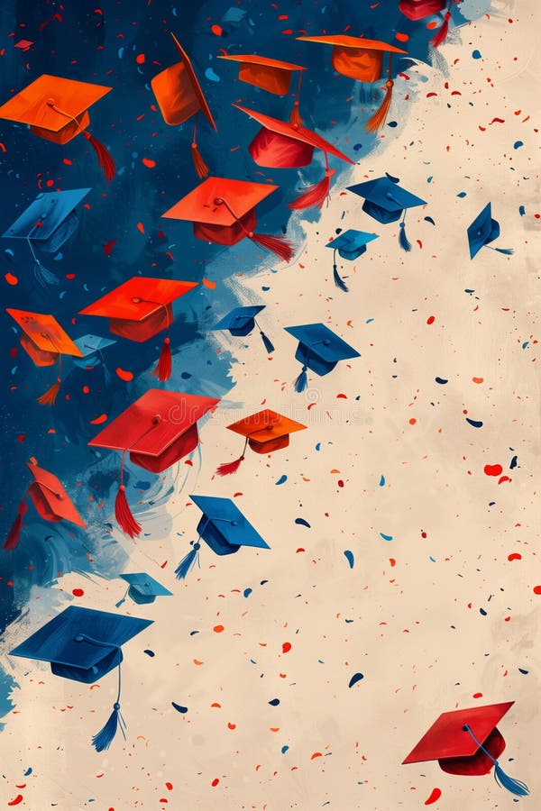 Flying graduation caps and confetti, graduation vertical banner, illustration. Generated by AI. Flying graduation caps and confetti, graduation vertical banner, illustration. Generated by AI