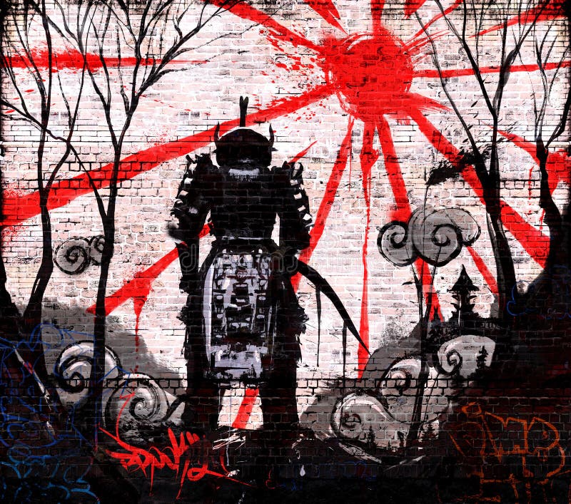 Graffiti on a brick wall of ronin lowered his head