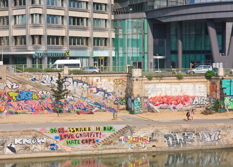 Graffiti. Danube Canal. Vienna. Austria Editorial Stock Photo Image