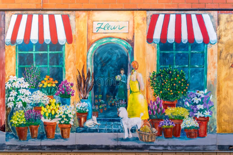 Graffiti or mural of flower shop, part of the mural in Norm Clarke Walk, in Rosebud, Victoria, Australia