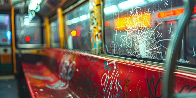 Graffiti i wandalizm na tranzycie publicznym, w tym zadrapane okna stworzone z wykorzystaniem generatywnej technologii ai. Zamykanie graffiti i wandalizmu w tranzycie publicznym, w tym zadrapanych okien i rozdartych siedzeń stworzonych przy użyciu generacyjnej technologii ai